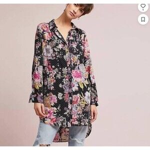 Anthropologie Maeve Autumnal Black Floral High-Low Tunic - XS